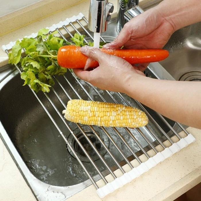 Durukar® Evye Üstü Katlanır Nihale Paslanmaz Çelik Pratik Sebze Meyve Bulaşık Kurutma Süzgeci