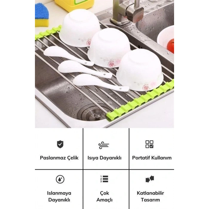 Durukar® Evye Üstü Katlanır Nihale Paslanmaz Çelik Pratik Sebze Meyve Bulaşık Kurutma Süzgeci