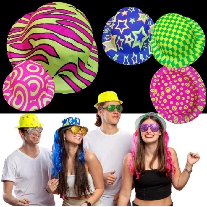 Durukar® Farklı Desenlerde Plastik Neon UV Işık Parti Şapkası 1 Adet