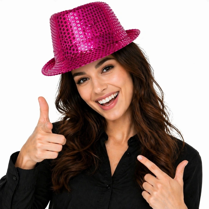 Durukar® Fuşya Pembe Payetli Disco Parti Şapkası Yetişkin Işıltılı Fötr Model