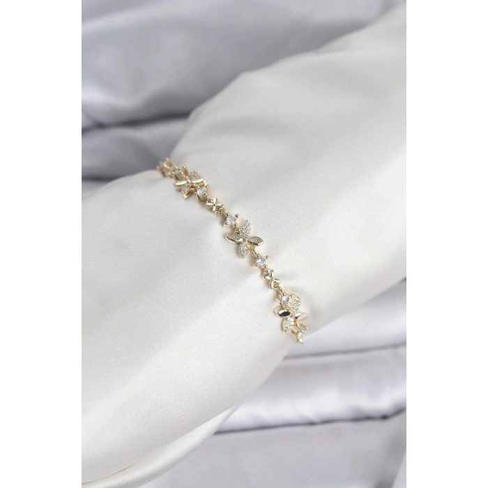 Durukar® Gold Renk Yonca Model Zirkon Taşlı Asansörlü Kadın Bileklik
