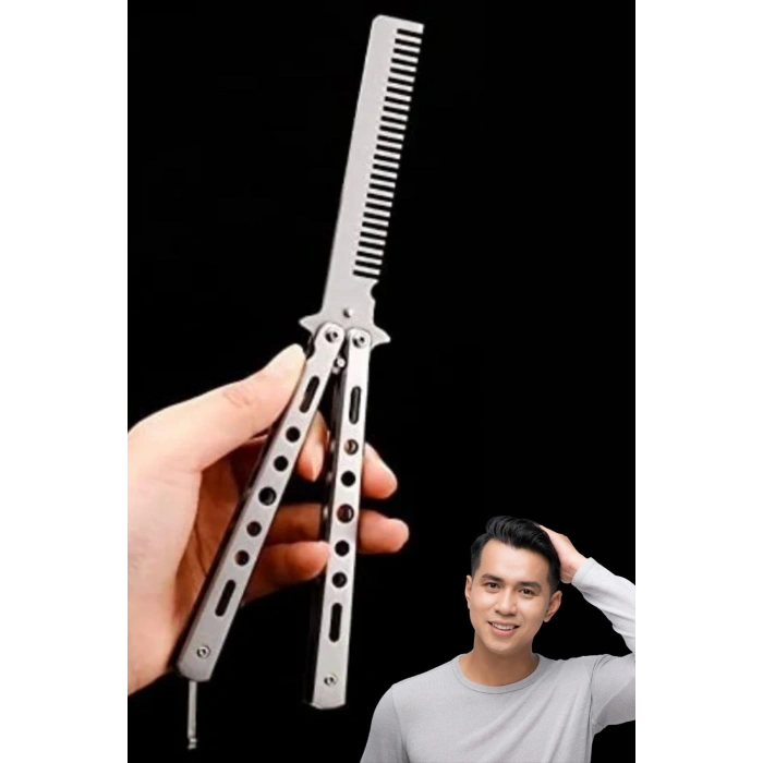 Durukar® Gri Katlanabilir Paslanmaz Çelik Kelebek Bıçak Tarak Sakal Bıyık Fırçası Profesyonel Saç Kesimi İçin Tarak