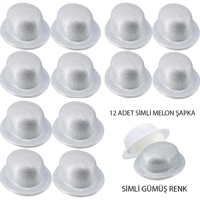 Durukar® Gümüş Renk Simli Melon Yuvarlak Parti Şapkası 12 Adet