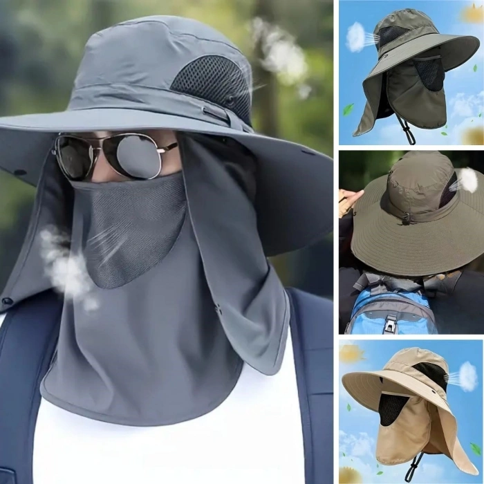 Durukar® Güneş Koruyuculu Nefes Alabilen Maskeli ve Boyun Kapaklı Geniş Kenarlı Balıkçı Şapkası
