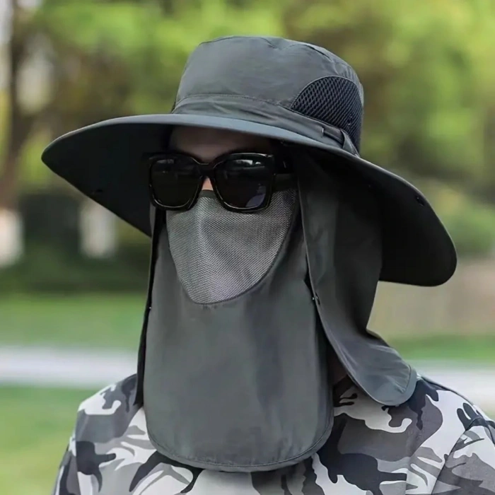 Durukar® Güneş Koruyuculu Nefes Alabilen Maskeli ve Boyun Kapaklı Geniş Kenarlı Balıkçı Şapkası