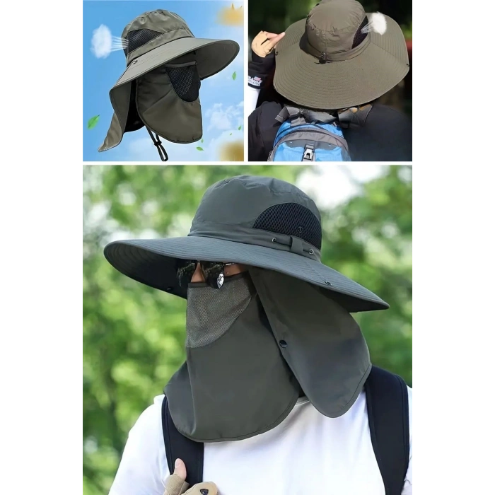 Durukar® Güneş Koruyuculu Nefes Alabilen Maskeli ve Boyun Kapaklı Geniş Kenarlı Balıkçı Şapkası