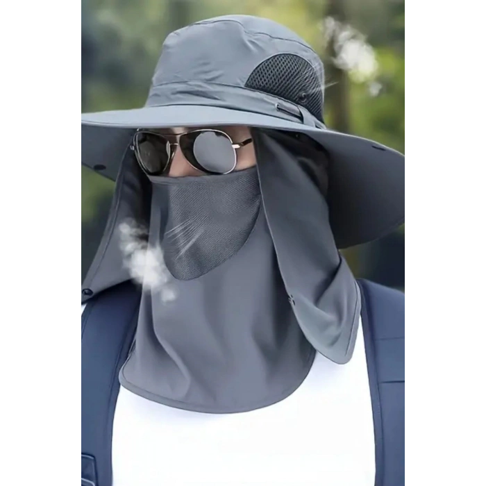 Durukar® Güneş Koruyuculu Nefes Alabilen Maskeli ve Boyun Kapaklı Geniş Kenarlı Balıkçı Şapkası