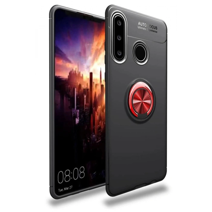 Durukar®  Huawei Y6P Kılıf Range Yüzüklü Silikon - Siyah-Kırmızı