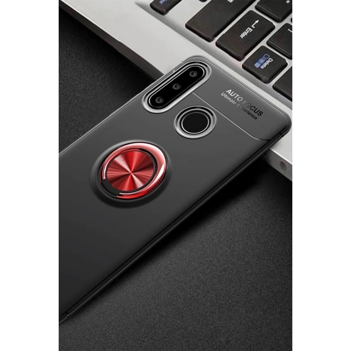 Durukar®  Huawei Y6P Kılıf Range Yüzüklü Silikon - Siyah-Kırmızı