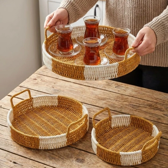 Durukar® İç İçe Geçebilen 3’lü Yuvarlak Plastik Rattan Tepsi Seti–Çift Renkli Hasır Görünümlü Çok Amaçlı Servis ve Sunum Tepsileri