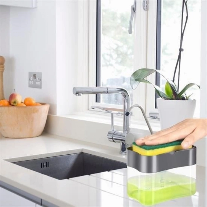 Durukar® Two-in-One Push Practical Liquid Soap Dispenser Pump and Dishwashing Sponge Holder