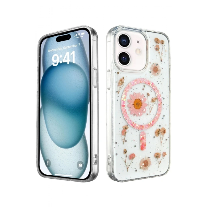 Durukar®  iPhone 12 Kılıf Daisy Simli Magsafe Kapak - Pembe
