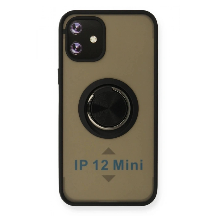 Durukar®  iPhone 12 Mini Kılıf Montreal Yüzüklü Silikon Kapak - Siyah