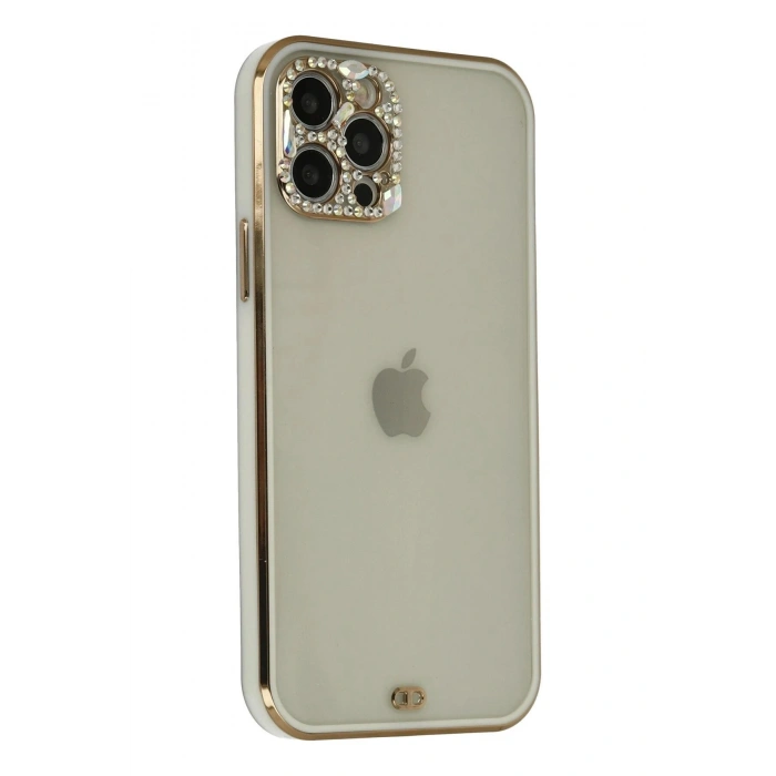 Durukar®  iPhone 12 Pro Max Kılıf Liva Taşlı Silikon - Beyaz