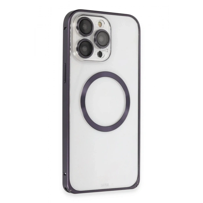 Durukar®  iPhone 14 Pro Kılıf Metal Bumper Magneticsafe Kapak - Derin Mor