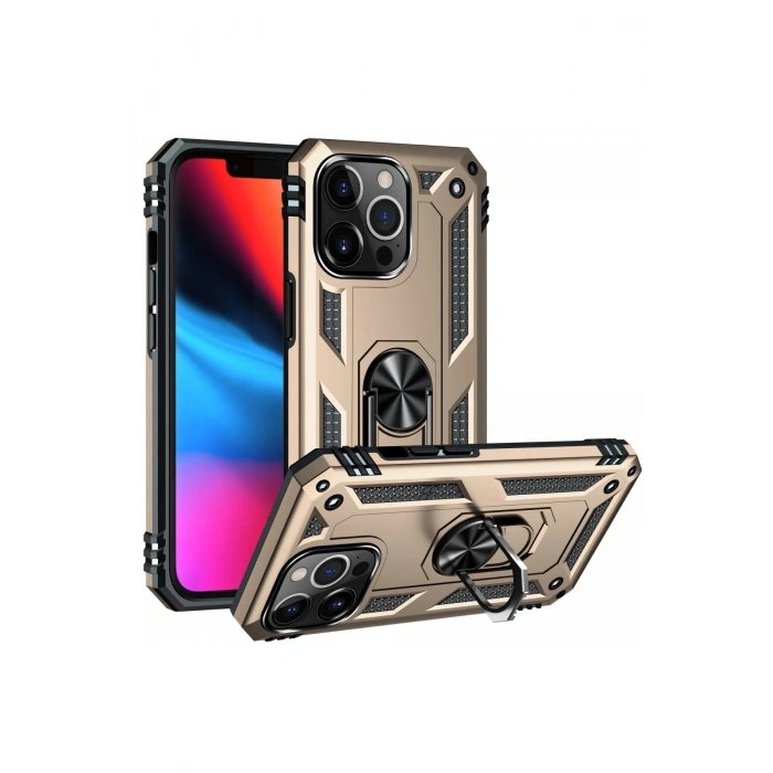 Durukar®  iPhone 14 Pro Kılıf Sofya Yüzüklü Silikon Kapak - Gold