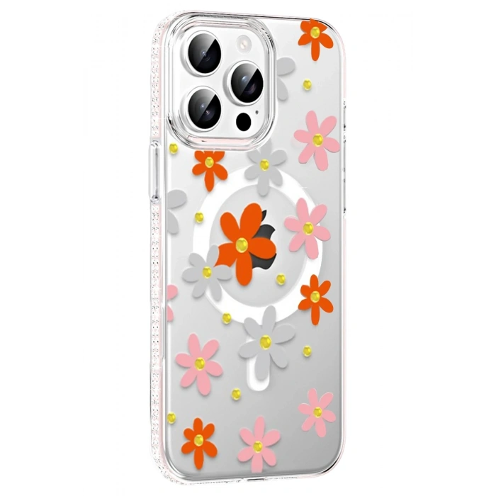 Durukar®   iPhone 14 Pro Max Floral Magsafe Kapak - Turuncu