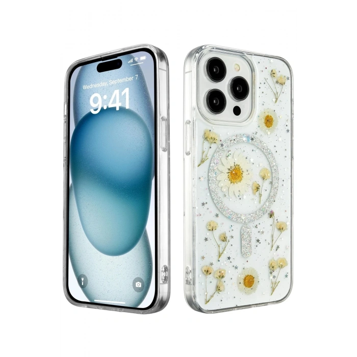 Durukar®  iPhone 14 Pro Max Kılıf Daisy Simli Magsafe Kapak - Gümüş
