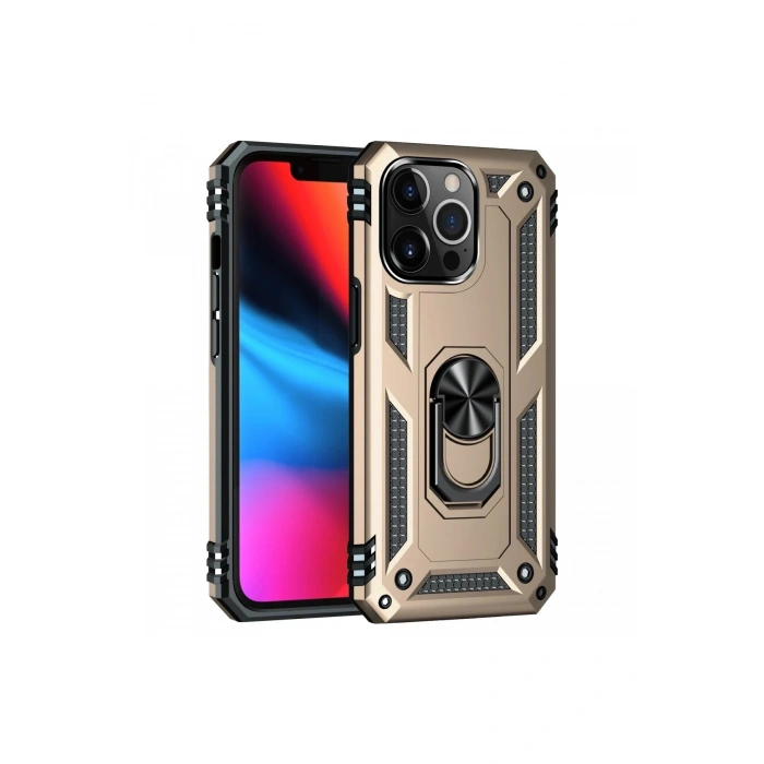 Durukar®  iPhone 14 Pro Max Kılıf Sofya Yüzüklü Silikon Kapak - Gold