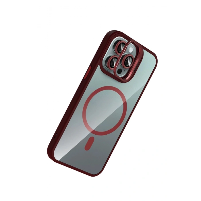 Durukar®   iPhone 14 Pro Max Remim Lensli Magsafe Standlı Kapak - Bordo