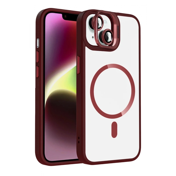 Durukar®   iPhone 14 Remim Lensli Magsafe Standlı Kapak - Bordo