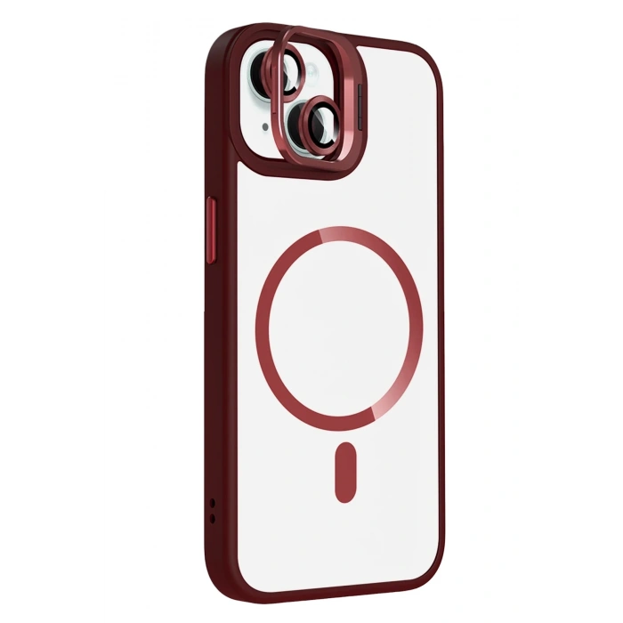 Durukar®   iPhone 14 Remim Lensli Magsafe Standlı Kapak - Bordo