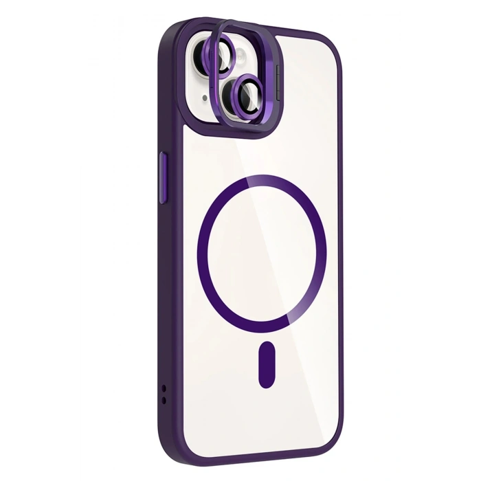 Durukar®   iPhone 14 Remim Lensli Magsafe Standlı Kapak - Derin Mor