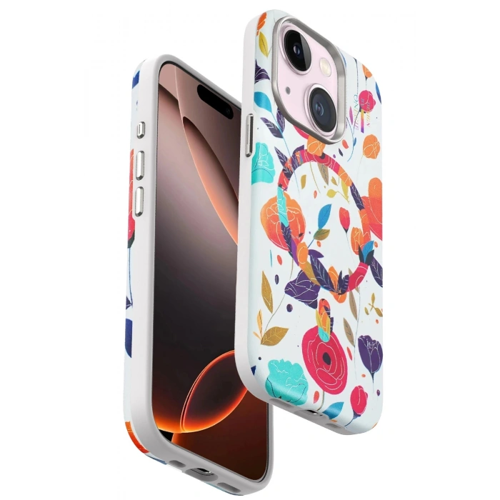 Durukar®  iPhone 15 Plus Flower Series Magsafe Kapak - Beyaz