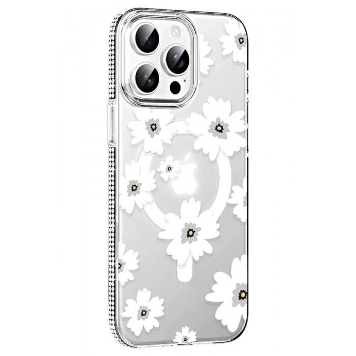 Durukar®   iPhone 15 Pro Floral Magsafe Kapak - Beyaz