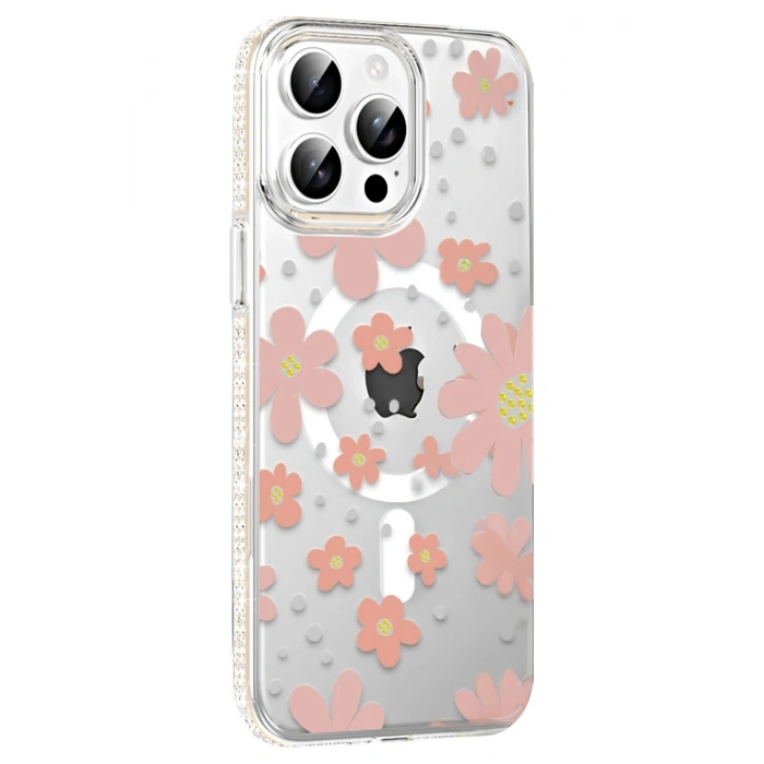 Durukar®   iPhone 15 Pro Floral Magsafe Kapak - Pembe