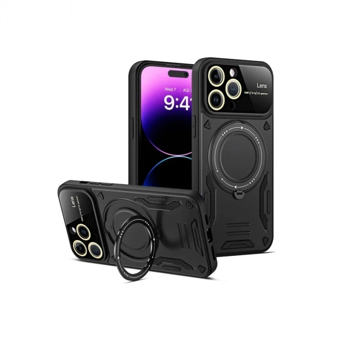 Durukar®  iPhone 15 Pro Kılıf Joy Lens Standlı Kapak - Siyah