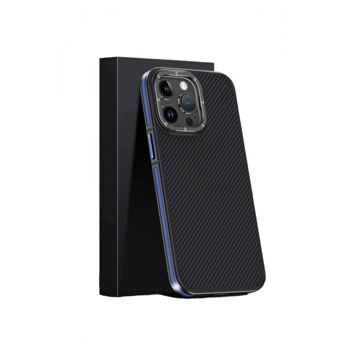 Durukar®  iPhone 15 Pro Max Kılıf Aramid 600D Kevlar Karbon Fiber Magsafe Kapak - Lacivert