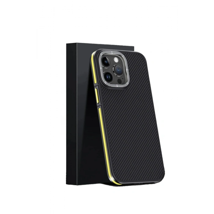 Durukar®  iPhone 15 Pro Max Kılıf Aramid 600D Kevlar Karbon Fiber Magsafe Kapak - Sarı