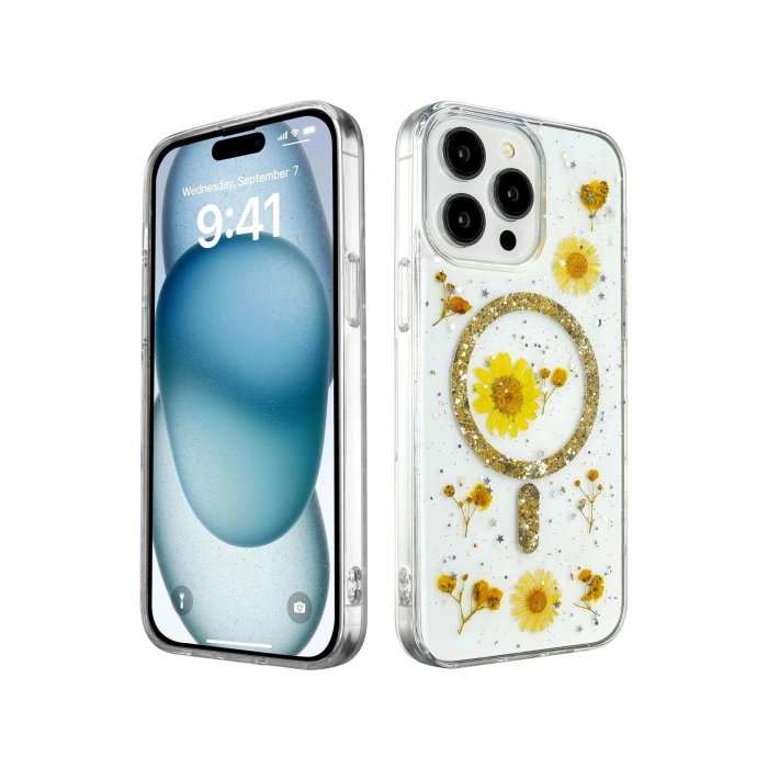 Durukar®  iPhone 15 Pro Max Kılıf Daisy Simli Magsafe Kapak - Gold