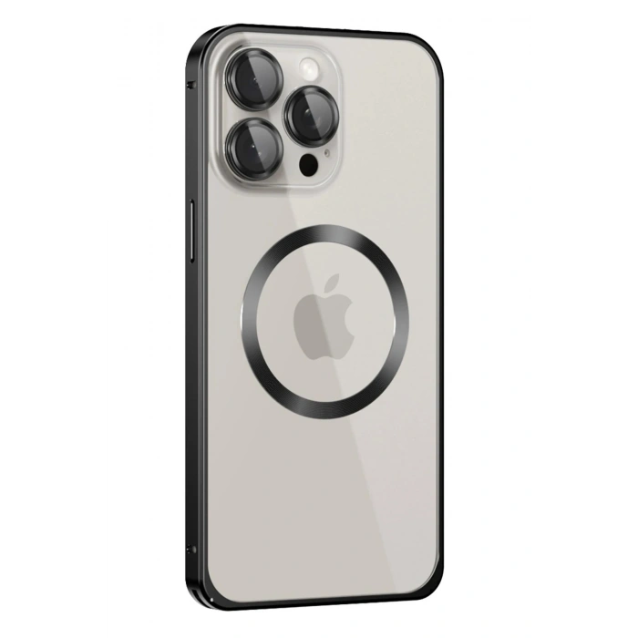 Durukar®  iPhone 15 Pro Max Kılıf Metal Bumper Magneticsafe Kapak - Siyah