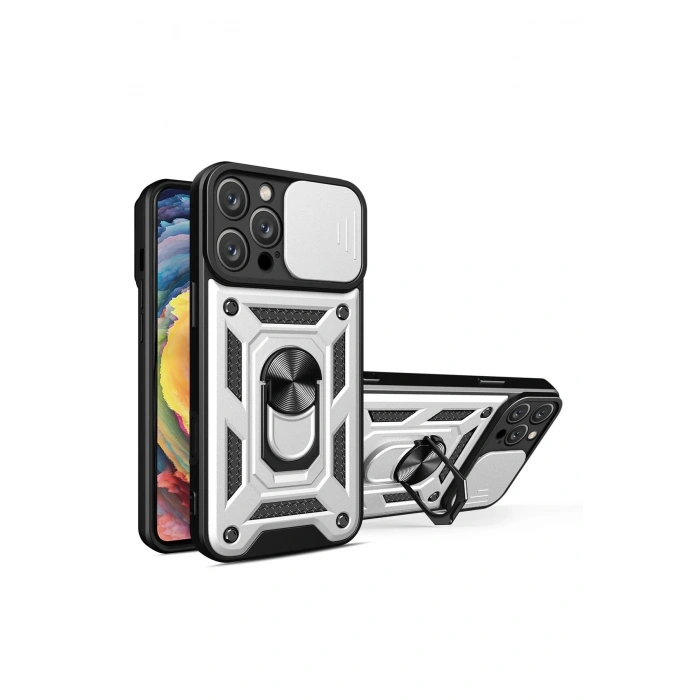 Durukar®  iPhone 16 Pro Kılıf Pars Lens Yüzüklü Silikon - Gümüş