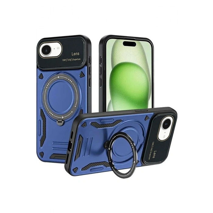 Durukar®  iPhone 16E Kılıf Joy Lens Standlı Kapak - Lacivert