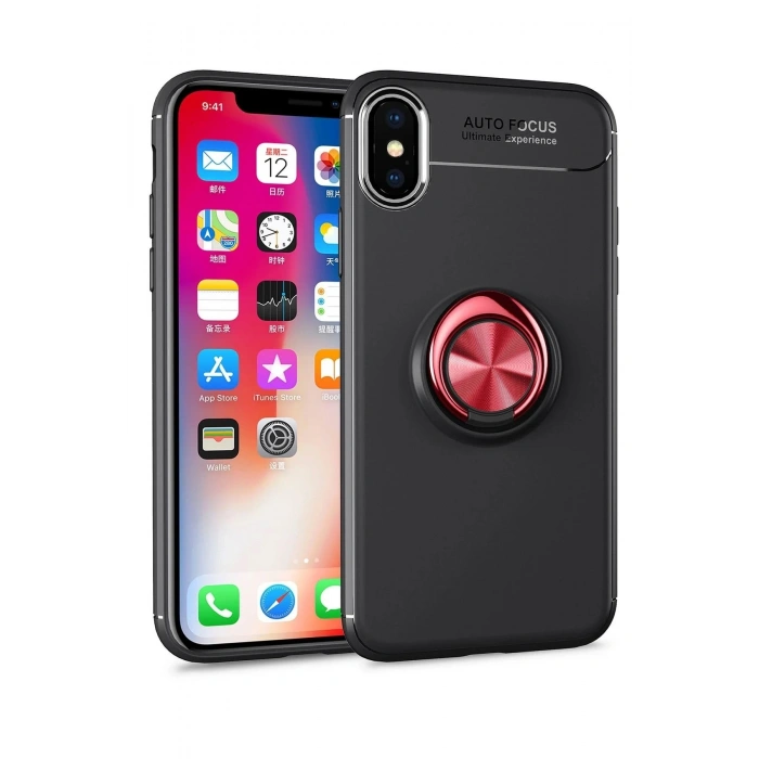 Durukar®  iPhone XS Max Kılıf Range Yüzüklü Silikon - Siyah-Kırmızı