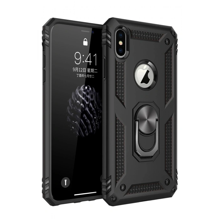 Durukar®  iPhone XS Max Kılıf Sofya Yüzüklü Silikon Kapak - Siyah
