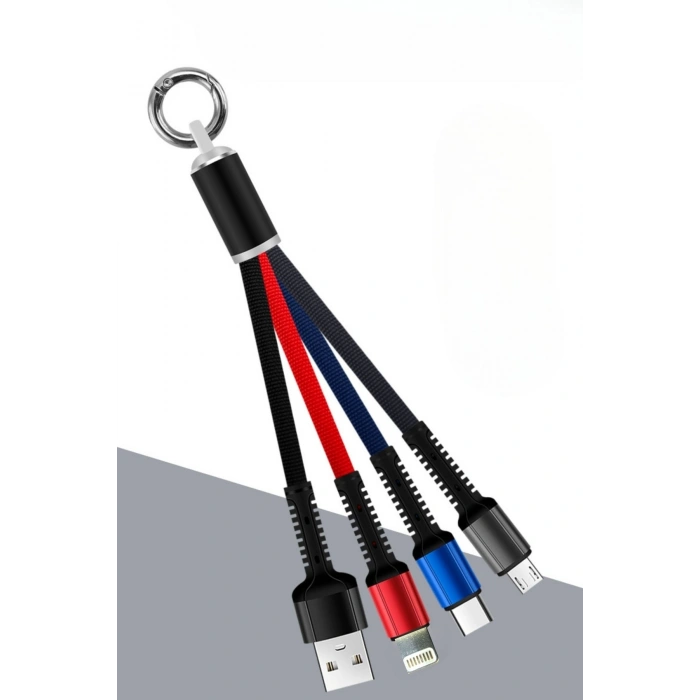 Durukar® Işıklı Anahtarlık Model 3 in 1 USB Çıkışlı MİKRO,TYPE-C ve İphone Uyumlu Şarj Kablosu