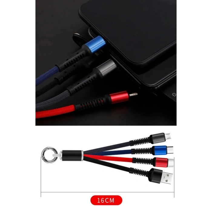 Durukar® Işıklı Anahtarlık Model 3 in 1 USB Çıkışlı MİKRO,TYPE-C ve İphone Uyumlu Şarj Kablosu