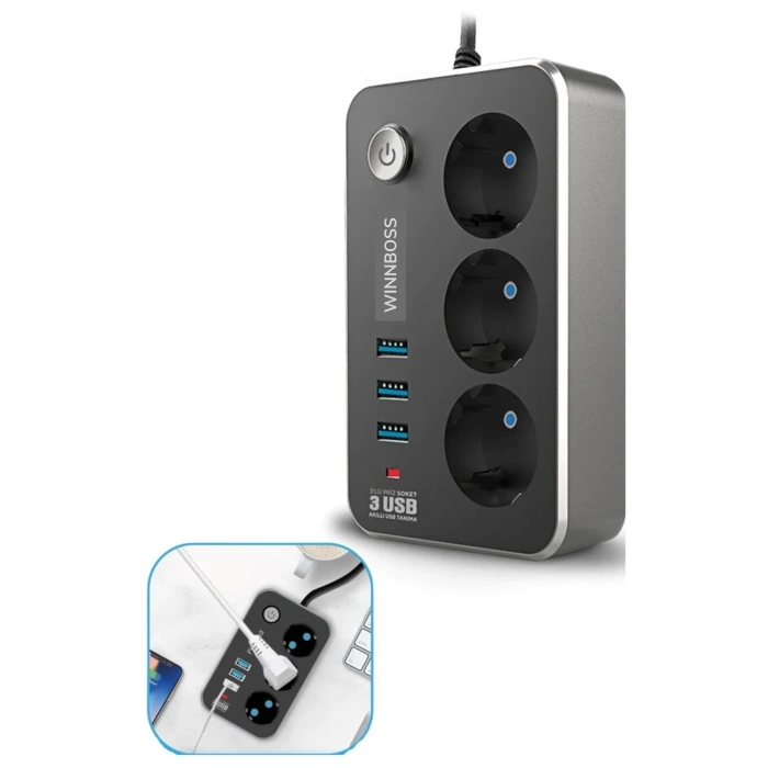 Durukar® Isıya Dayanıklı Termal Akım Korumalı 2 Mt 10A 2500W 3lü Priz ve 3 Usbi 21A Uzatma Kablosu