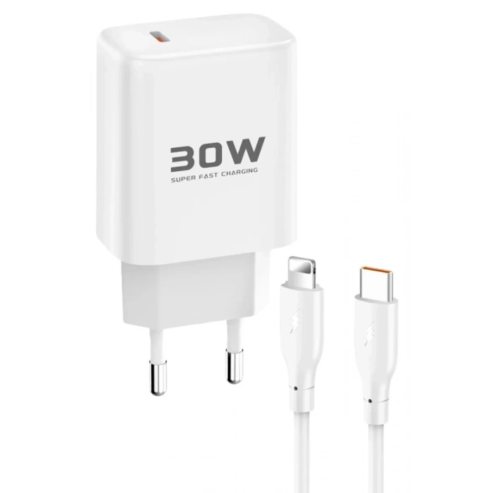 Durukar®  JK89 30W Type-C Çıkışlı Ekstra DC66 1M Type-C to Lightning  Kablolu PD Şarj Cihazı - Beyaz