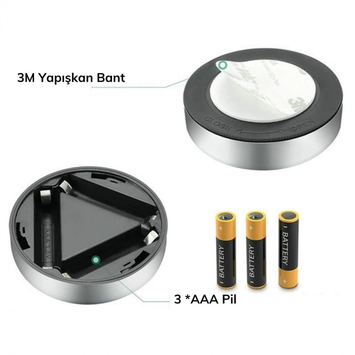 Durukar® Kablosuz Spot Pilli Dokunmatik Led Lamba 3 Ledli Dolap Lambası