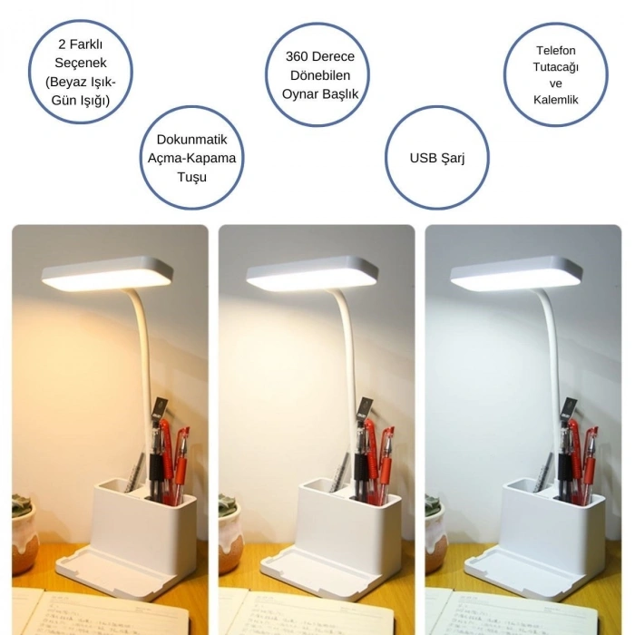 Durukar® Kalemlikli USBli Dokunmatik 3 Kademeli 360 Derece Özel Göz Korumalı led Lityum Masa Lambası