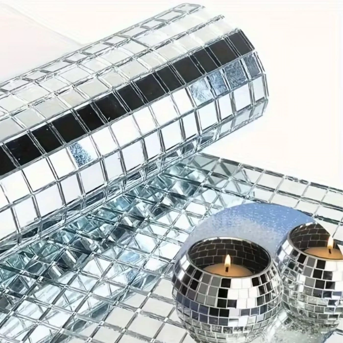 Durukar® Kare Silver Cam Mozaik Fayans Çıkartmaları El İşi Kare Cam Fayans Kendinden Yapışkanlı Aynalı Dekor Panel 30x30 Cm