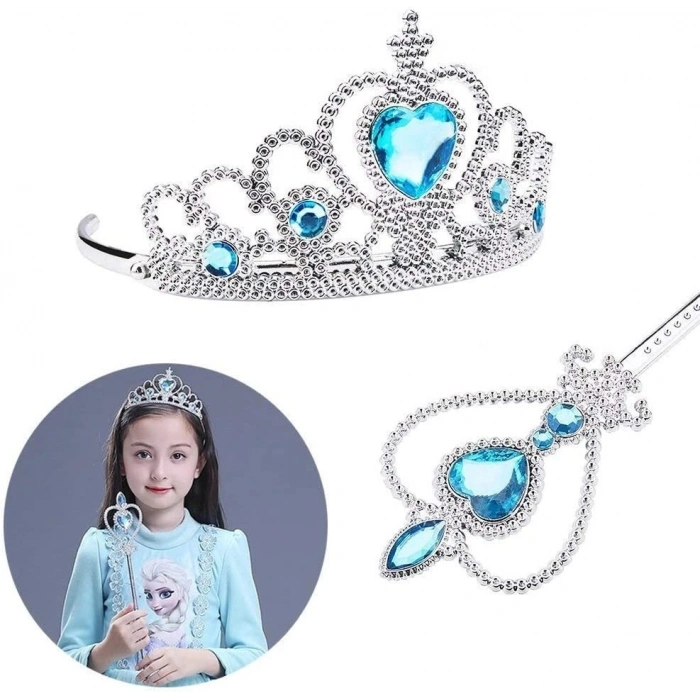 Durukar® Karlar Ülkesi Elsa Mavi Kalpli Taç ve Mavi Asa Seti Çocuk Boy