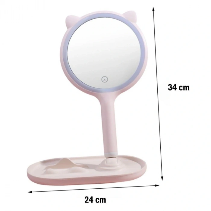 Durukar® Kedi Kulaklı Telefon Standlı Yuvarlak Dokunmatik Led Ayarlı Masa Üstü Makyaj Aynası