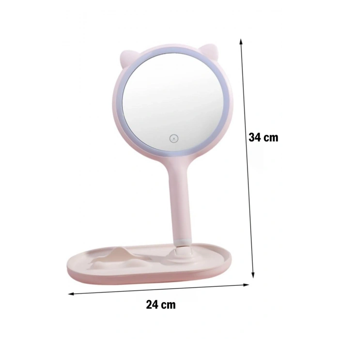 Durukar® Kedi Kulaklı Telefon Standlı Yuvarlak Dokunmatik Led Ayarlı Masa Üstü Makyaj Aynası