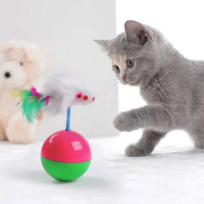 Durukar® Kedi Oyun Topu Tüylü Fareli Hacı Yatmaz Eğitici Yavru Kedi Fare Kovalama Oyuncağı